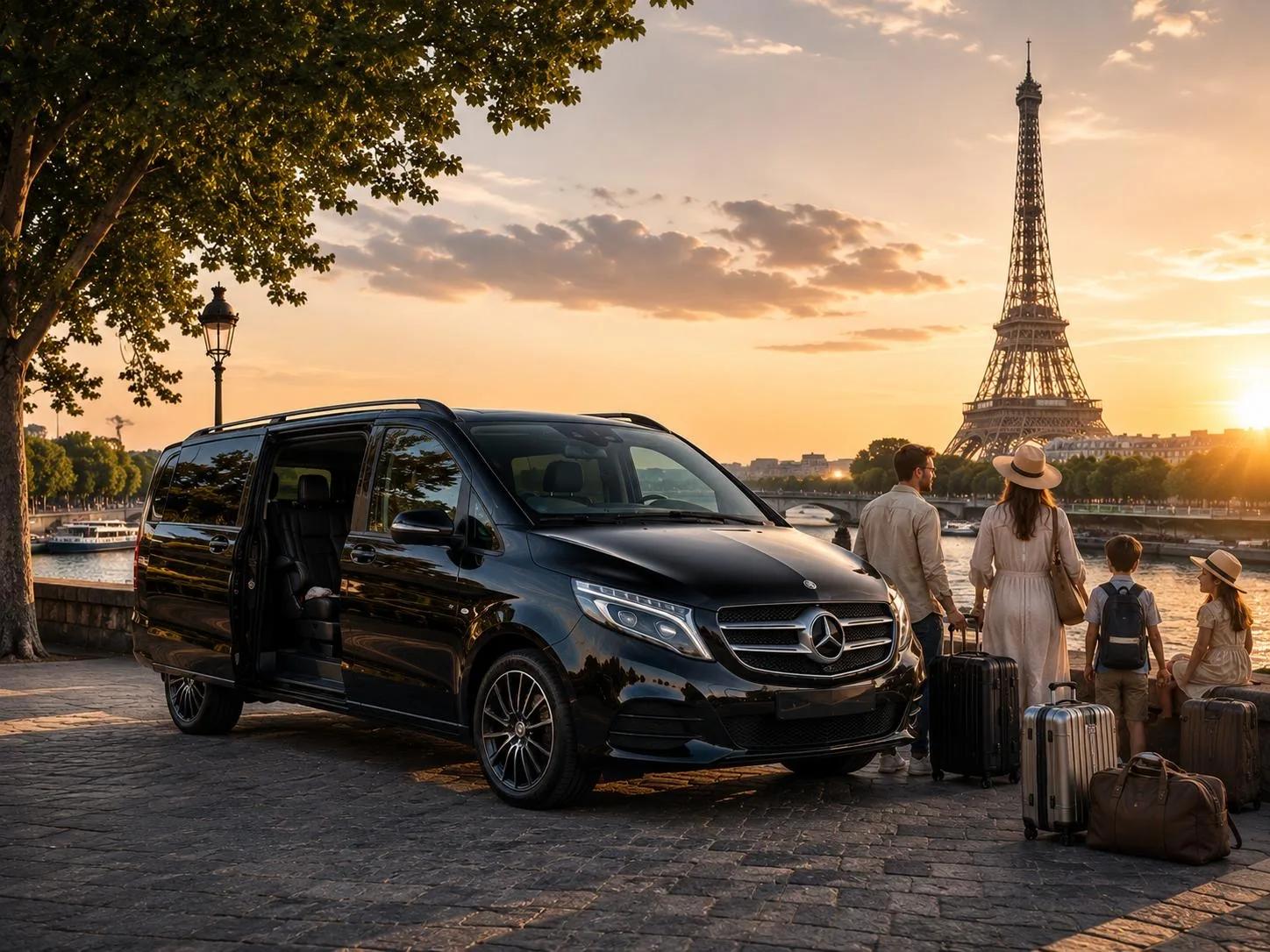 Un van Mercedes Classe V Locavan Paris et une famille avec ses bagages devant la tour Eiffel, au coucher du soleil